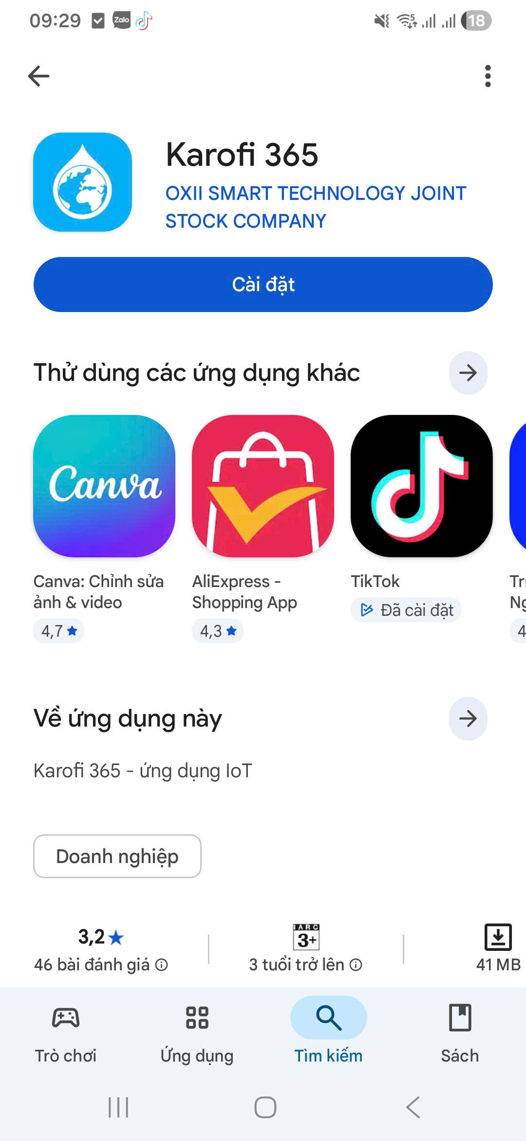 Tải ứng dụng: Vào App Store (iPhone) hoặc CH Play (Android), tìm kiếm từ khóa "Karofi 365" và nhấn tải về.