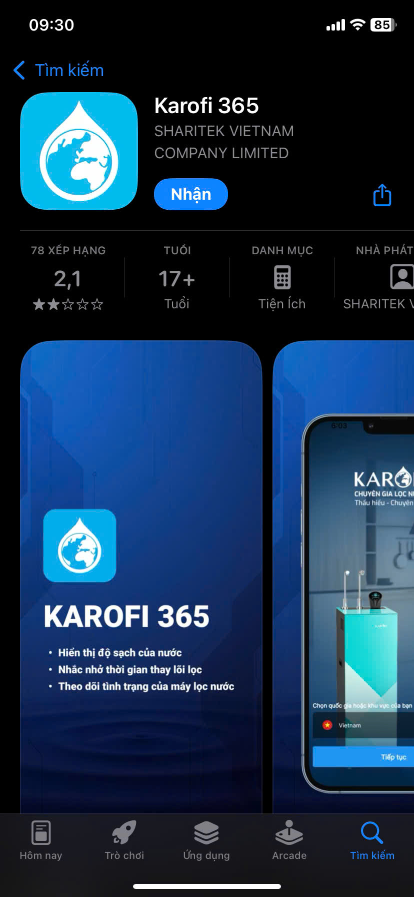 Tải ứng dụng: Vào App Store (iPhone) hoặc CH Play (Android), tìm kiếm từ khóa "Karofi 365" và nhấn tải về.