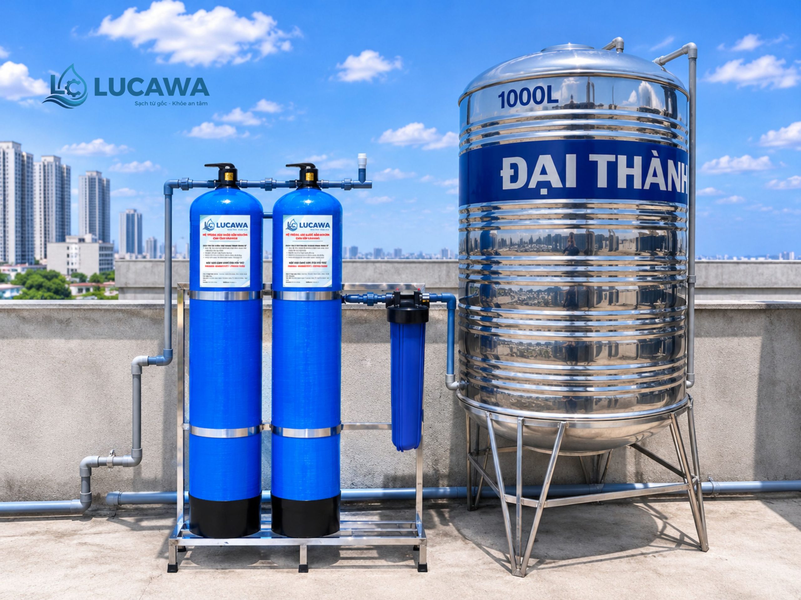 Hệ lọc tổng đầu nguồn 2 Cột Composite – LC-2CMI dồn trọn uy lực khử phèn vào song trụ composite chuẩn 1054